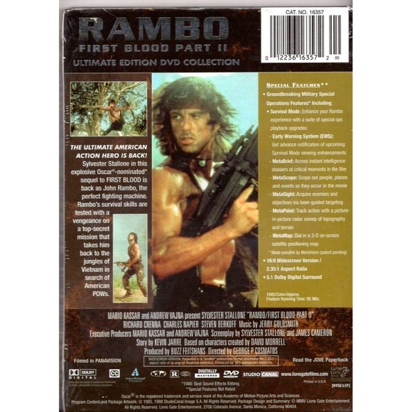 RAMBO FIRST BLOOD PART 2, STALLONE, ULTIMATE ED., DVD Rated R, BRAND-NEW SEALED - Picture 2 of 2